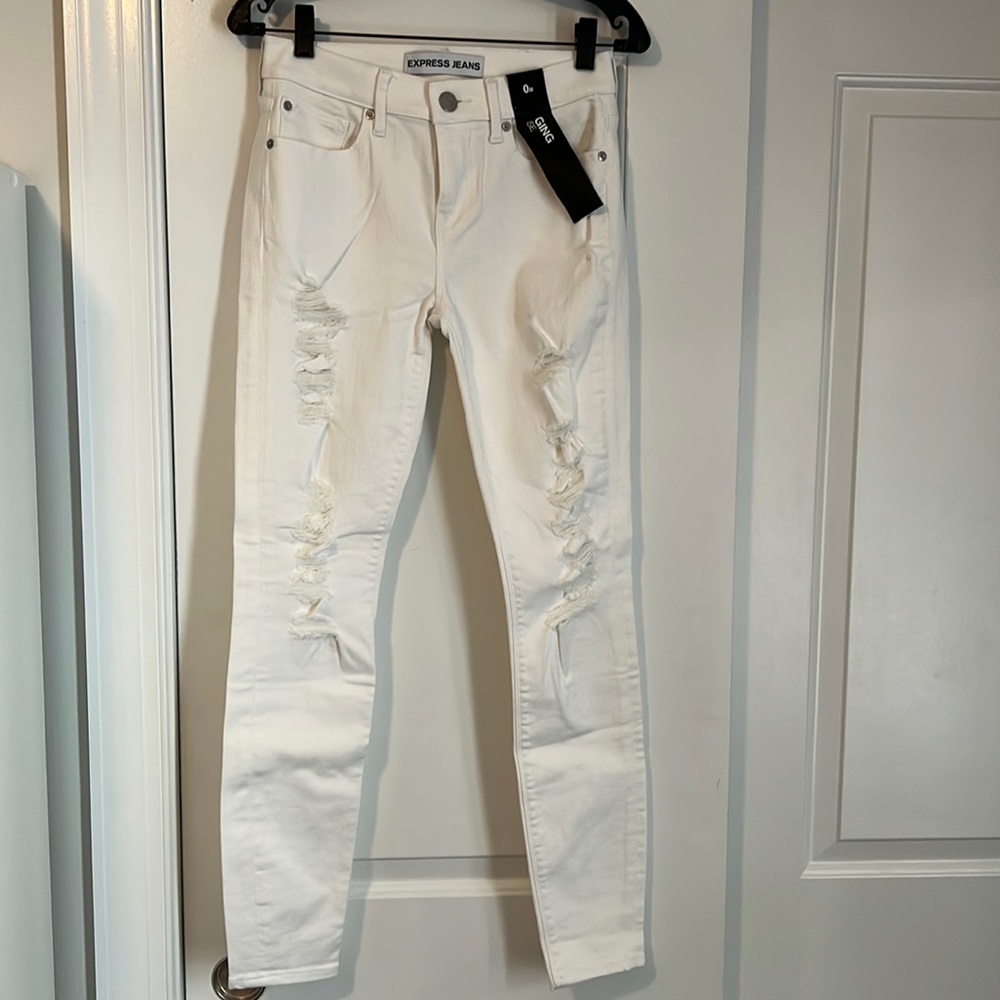 Express womens white ripped skinny jeans mia mid rise legging 0